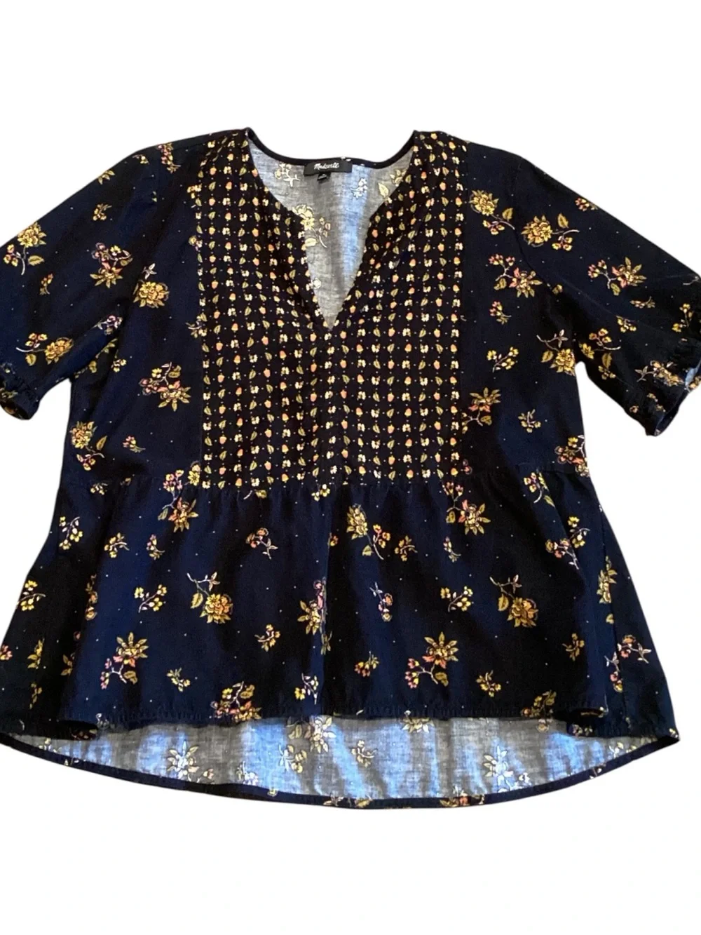 Madewell Black Floral Smocked V-Neck Peplum Top